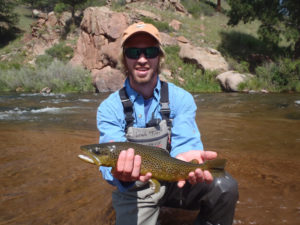 Man on one knee holding spotted brown trout with South Platte River in background