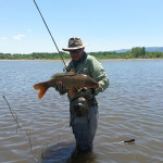 Chris Galvin stands in murky water under sunny Colorado skies holding a medium sized common carp caught on the fly.